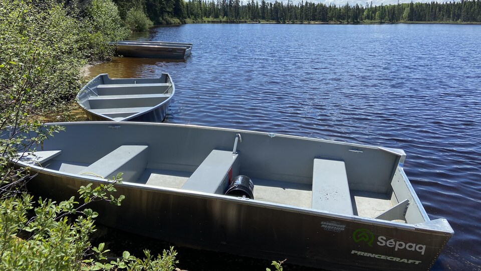 Two rowboats on a lake.