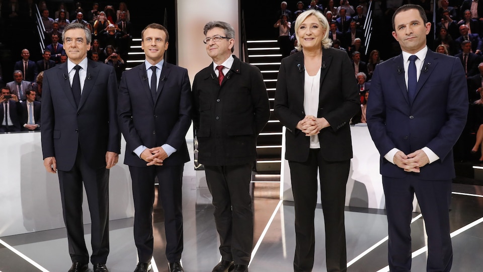 De gauche à droite, François Fillon, Emmanuel Macron, Jean-Luc Mélenchon, Marine Le Pen et Benoît Hamon
