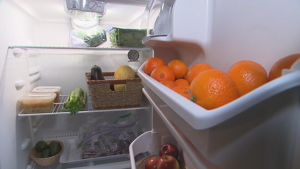 Le contenu d'un frigo communautaire : il est rempli de fruits et légumes.