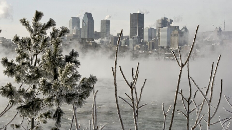 De la brume s'élève du fleuve Saint-Laurent à Montréal en hiver.