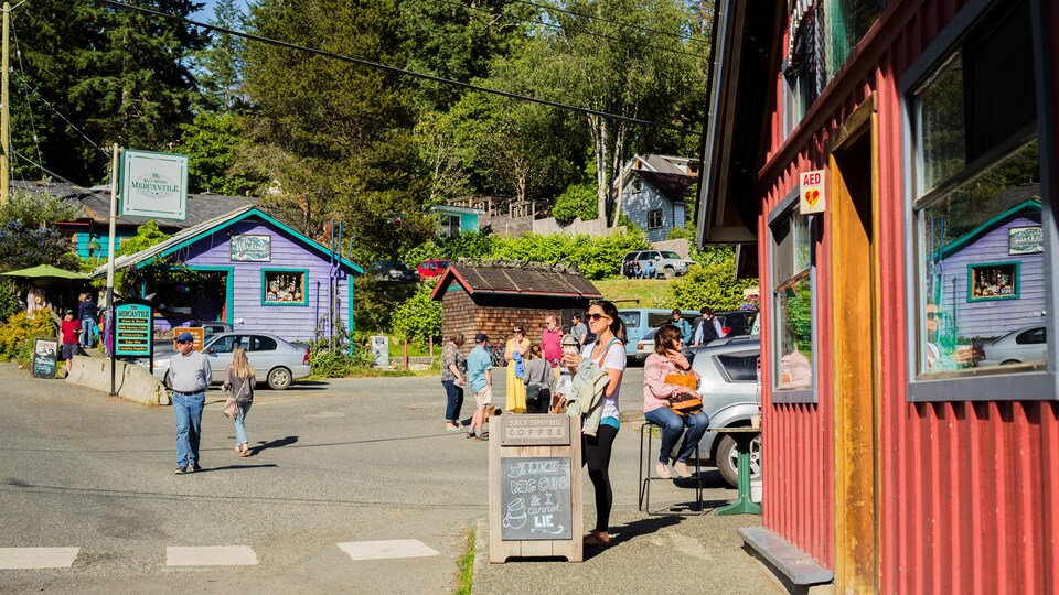 Des gens se promènent dans les rues de Fulford Harbour.