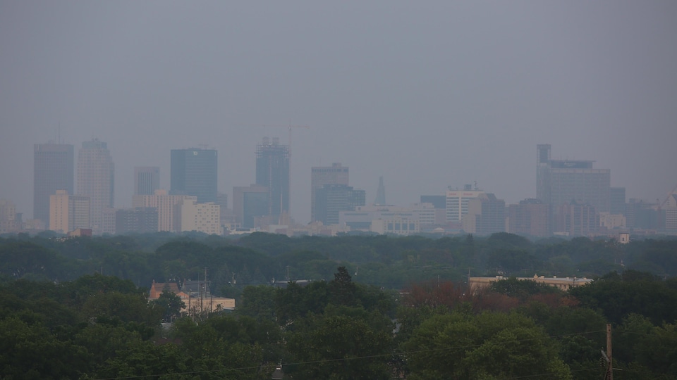 Le centre-ville de Winnipeg vu de loin dans un brouillard.