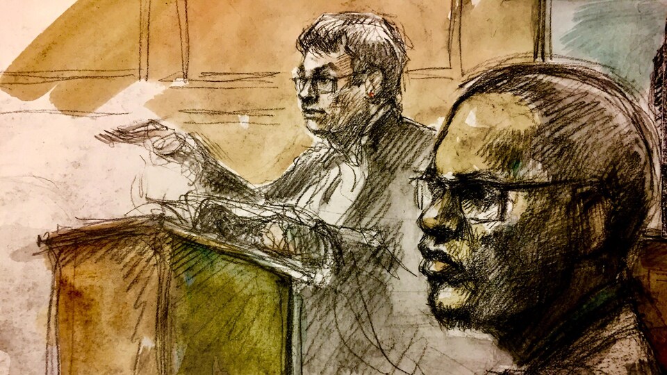 On voit un sketch judiciaire représentant l'avocat de la défense de Christopher Husbands, Dirk Derstine, en train de plaider au lutrin dans le prétoire du tribunal.