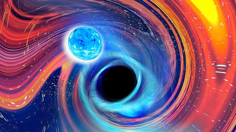 Illustration artistique d’une fusion trou noir-étoile à neutrons.