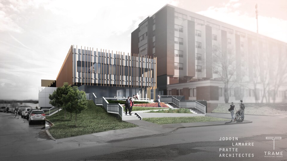 Un plan d'architecte montre les plans du futur centre de cancérologie de Rouyn-Noranda.