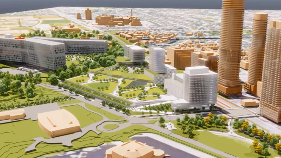 Une maquette 3D de plusieurs bâtiments autour d'un lac.