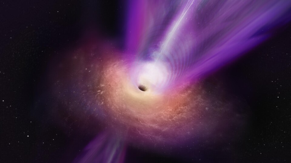 Artistic illustration showing a massive black hole jet rising from the center of a black hole. 