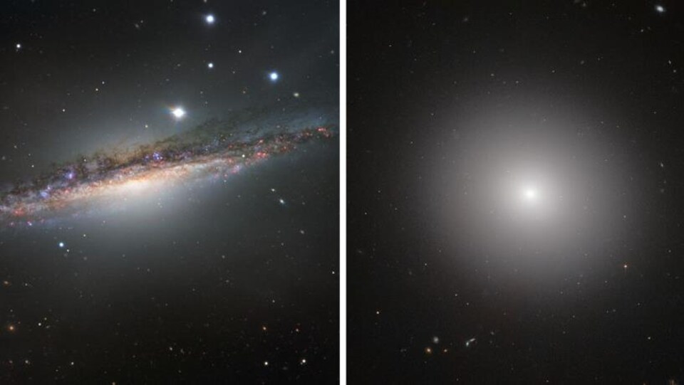 Une galaxie spirale plate (NGC 1055) et une galaxie sphérique (IC 2006)