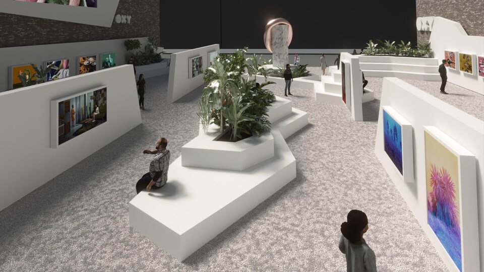 A synthetic image depicting a future art gallery, located in the open air and surrounded by three exterior walls. 