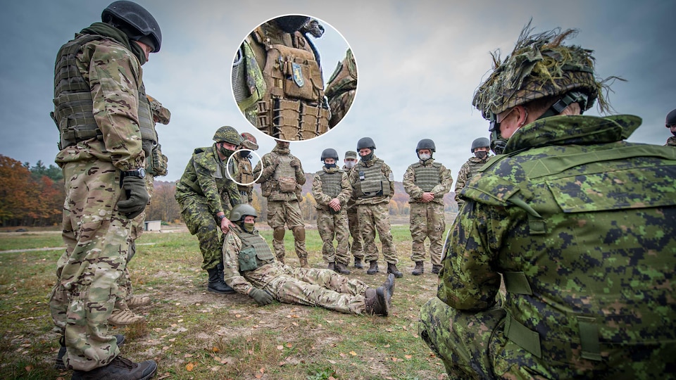 Des militaires canadiens et ukrainiens participent à un entraînement. 