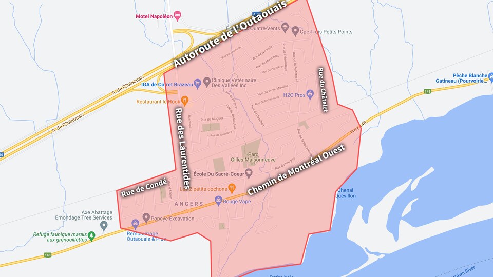 Une carte du secteur de Masson-Angers, à Gatineau, avec une partie coloriée en rouge