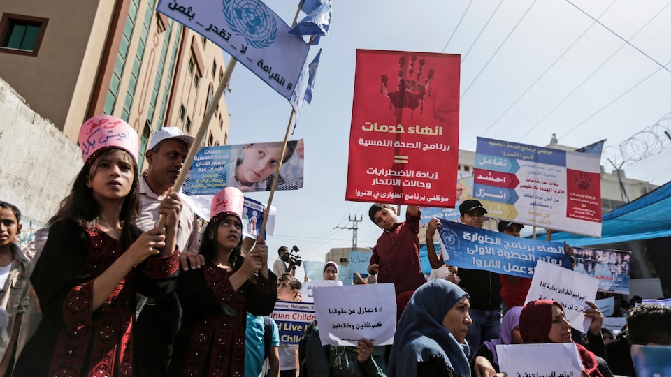 Des femmes et des hommes agitent des pancartes et des banderoles, lors d'une journée ensoleillée. Les phrases sur les pancartes semblent être en arabe.