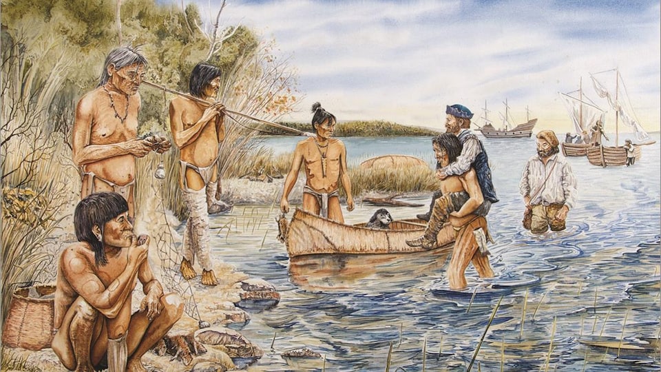 Un aquarelle illustrant l'arrivée de Jacques Cartier dans les îles de Sorel.