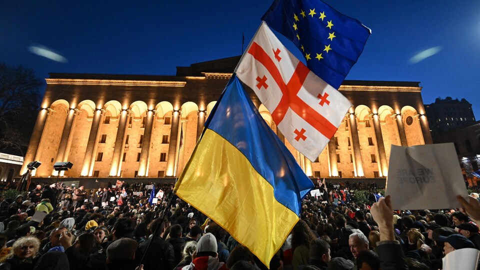 Une foule portant des drapeaux.