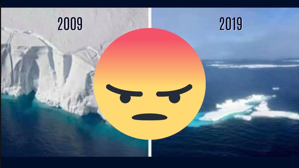 Nous voyons deux glaciers en arrière-plan, avec un gros émoji fâché au centre.
