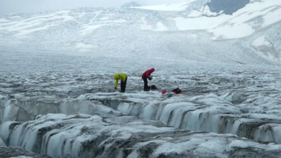 Deux chercheurs se penchent sur une immensité de glace polluée par de la fumée et des cendres venant des feux de forêt.