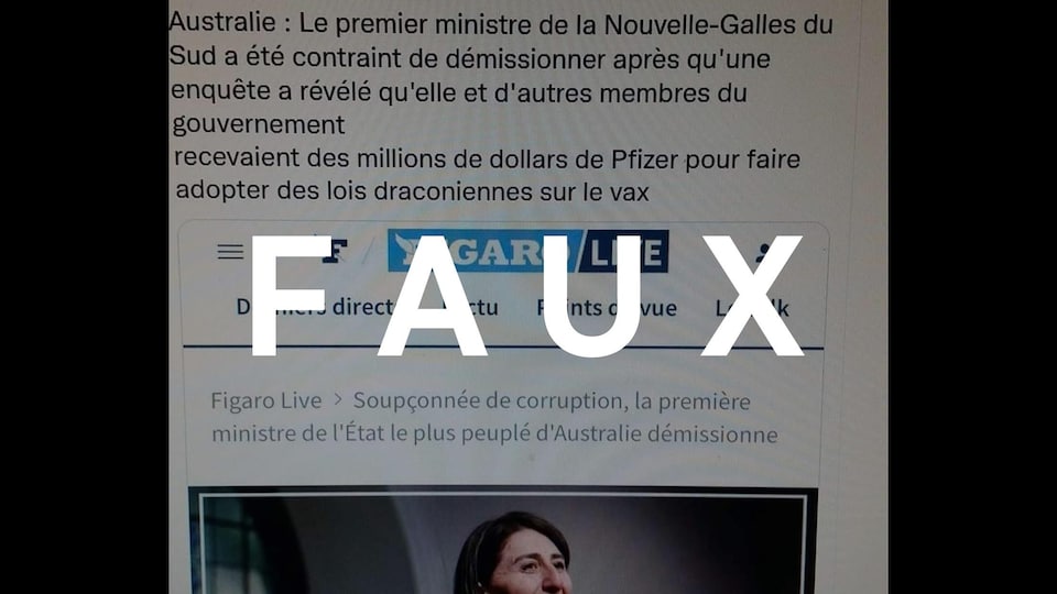 Une capture d'écran de la publication Facebook en question. Le mot FAUX est superposé à l'image.