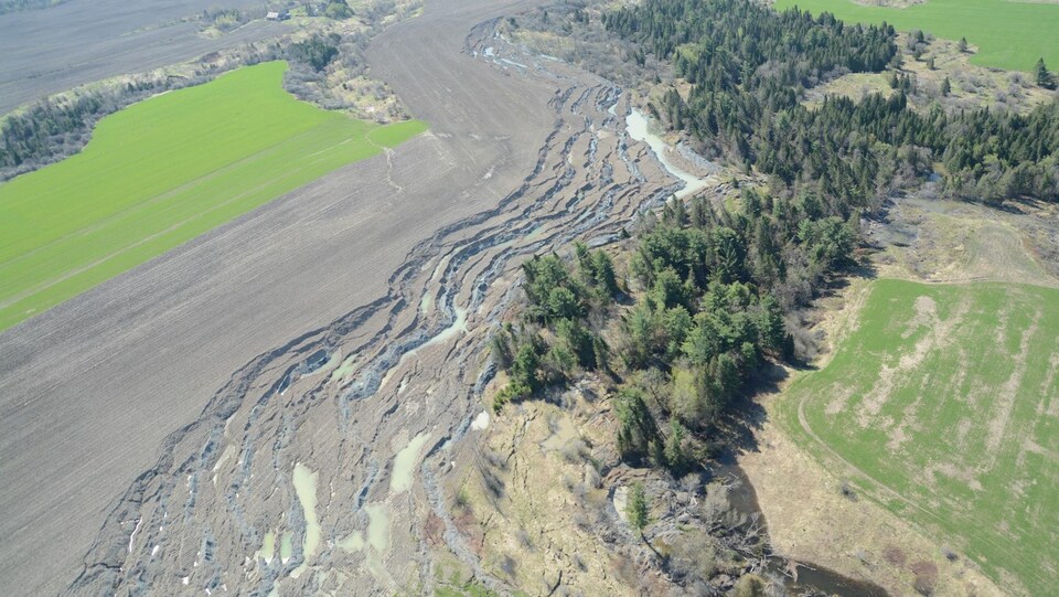 Vue aérienne montrant l'ampleur du glissement de terrain. On voit bien le motif en zébrures, propre aux étalements.