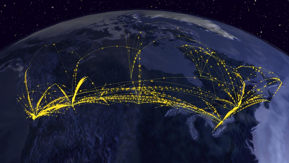 Une planète Terre avec des lignes représentant les vols d'avions entre provinces au Canada