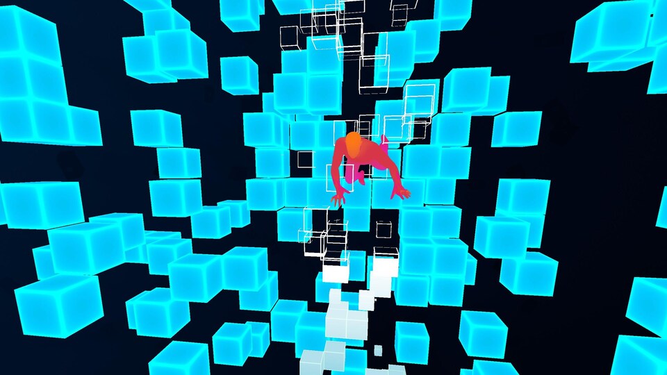 Un personnage animé nage dans une mer de cubes phosphorescents.