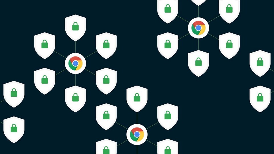 Une illustration de logos Google Chrome, de boucliers et de cadenas, représentant la sécurité de la navigation.
