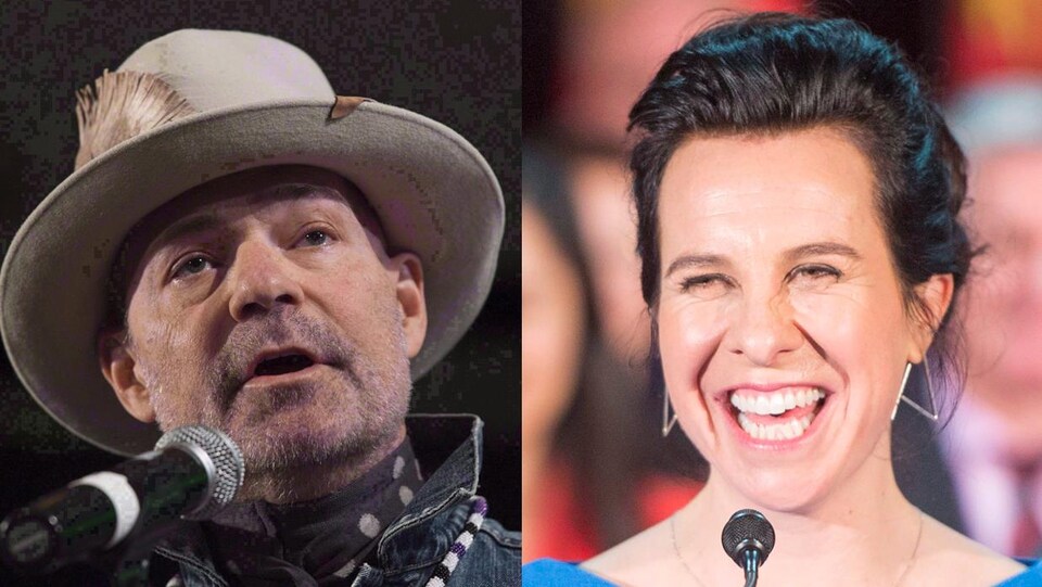 Photo en mosaïque de Gord Downie qui chante, un chapeau sur la tête, et de Valérie Plante qui sourit.