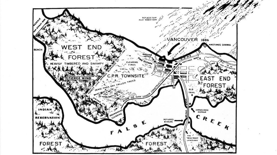 Une carte en noir et blanc et en anglais montre la ville de Vancouver en 1886 et le circuit que l'incendie qui a réduit à néant la petite colonie.