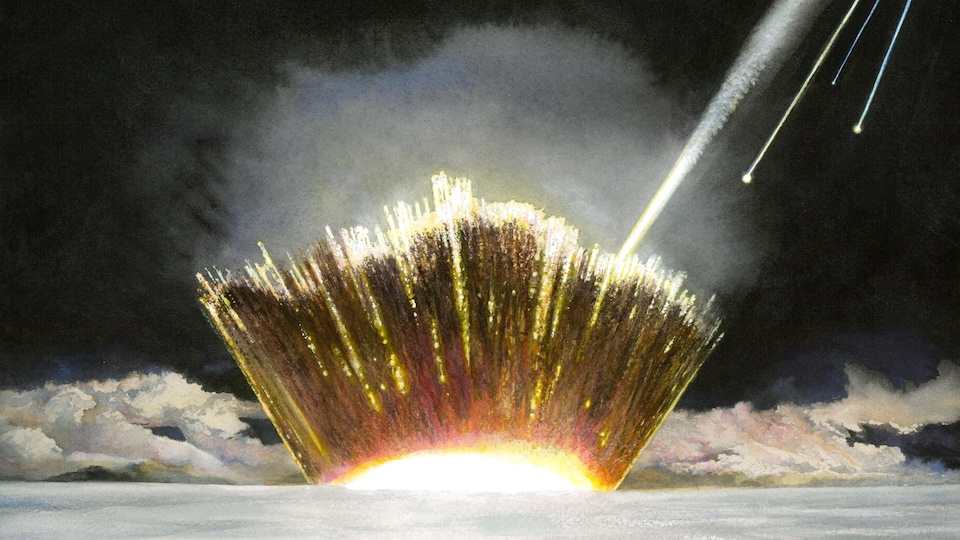 Représentation artistique de l’impact de la météorite dans la couche de glace du Groenland.