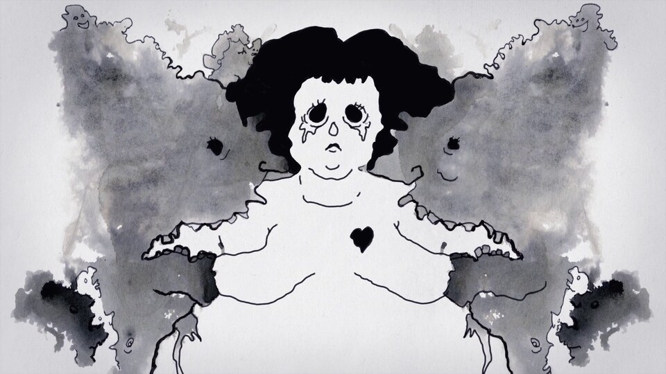 Dessin noir et blanc montrant une femme qui pleure.