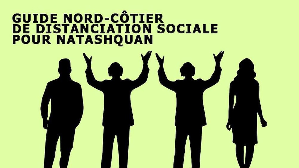 Deux silhouettes séparées par deux silhouettes de Gilles Vigneault. L'image est titrée «Guide de distanciation sociale pour Natashquan. 