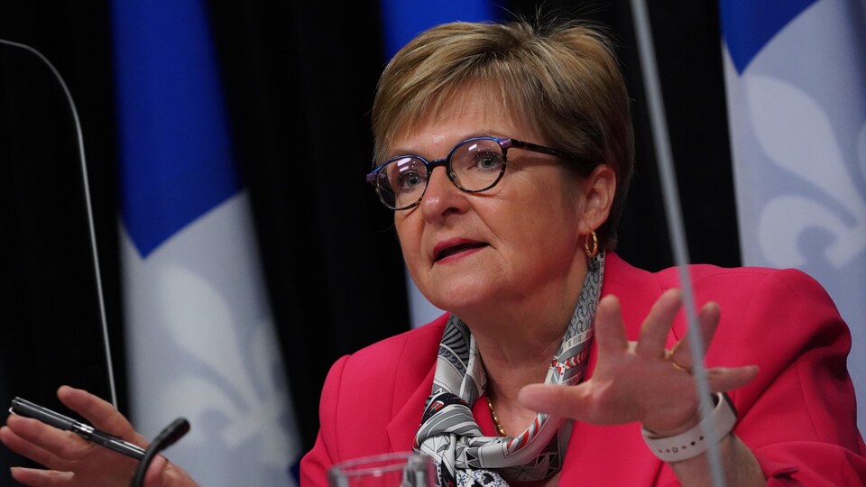 La vérificatrice générale du Québec Guylaine Leclerc durant une conférence de presse.