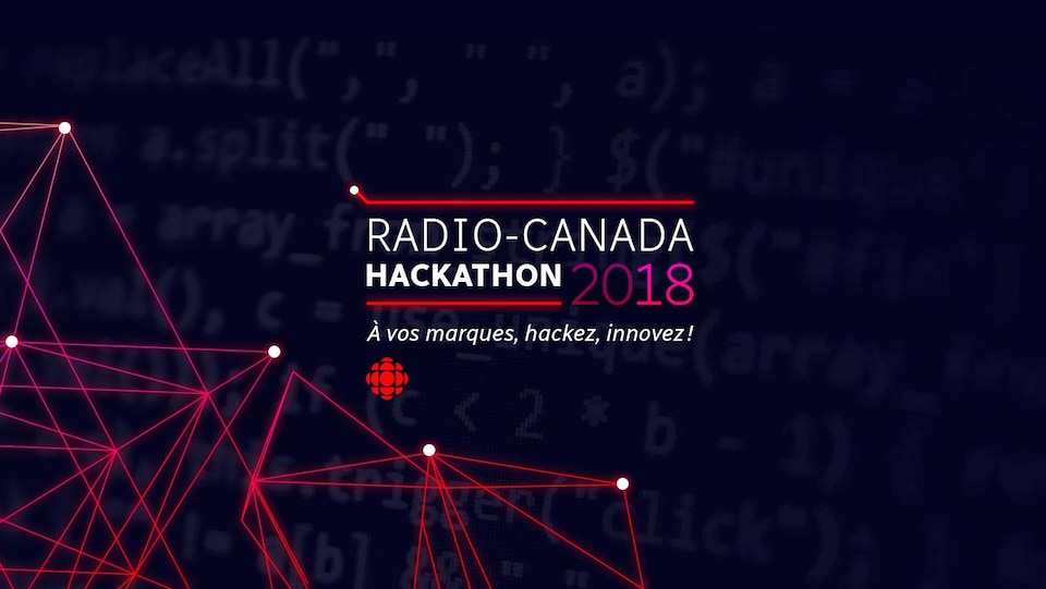 Une capture d'écran montrant le logo du Hackathon 2018 de Radio-Canada, accompagné du slogan « À vos marques, hackez, innovez! »
