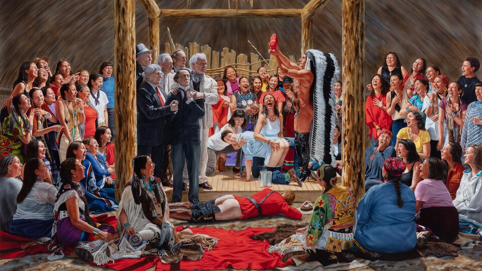 La toile montre le personnage alter ego de l'artiste debout devant Justin Trudeau, qui lui est à quatre pattes et a les fesses dénudées dans l'attente d'une fessée. Il regarde le personnage en riant. La scène se déroule à l'intérieur d'une habitation autochtone,  devant d'anciens premiers ministres qui sont regroupés et semblent se soutenir. Un agent de la GRC est couché par terre, lepantalon baissé lui aussi. Tout autour, de nombreuses femmes autochtones regardent la scène en riant. 