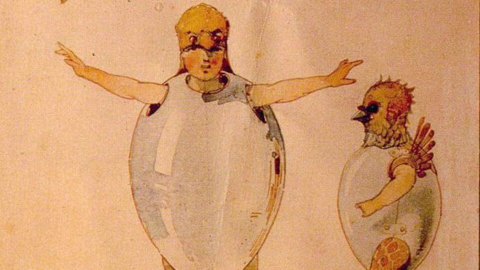 Une aquarelle où on peut voir des danseurs en costume de poussins de face et de profil.