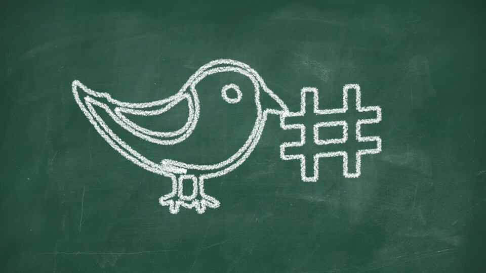 Icône de l'oiseau de Twitter tenant un hashtag dans son bec.