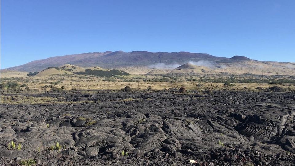 Des roches volcaniques en avant plan, avec une montagne au loin