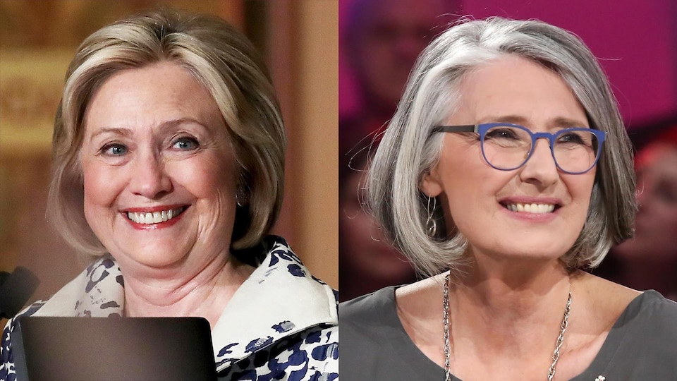 Un montage de deux photos où on voit côte-à-côte les visages d'Hillary Clinton et de Louise Penny.