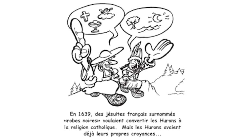 Photo d'un cahier à colorier sur l'arrivée des Européens en territoire autochtone.