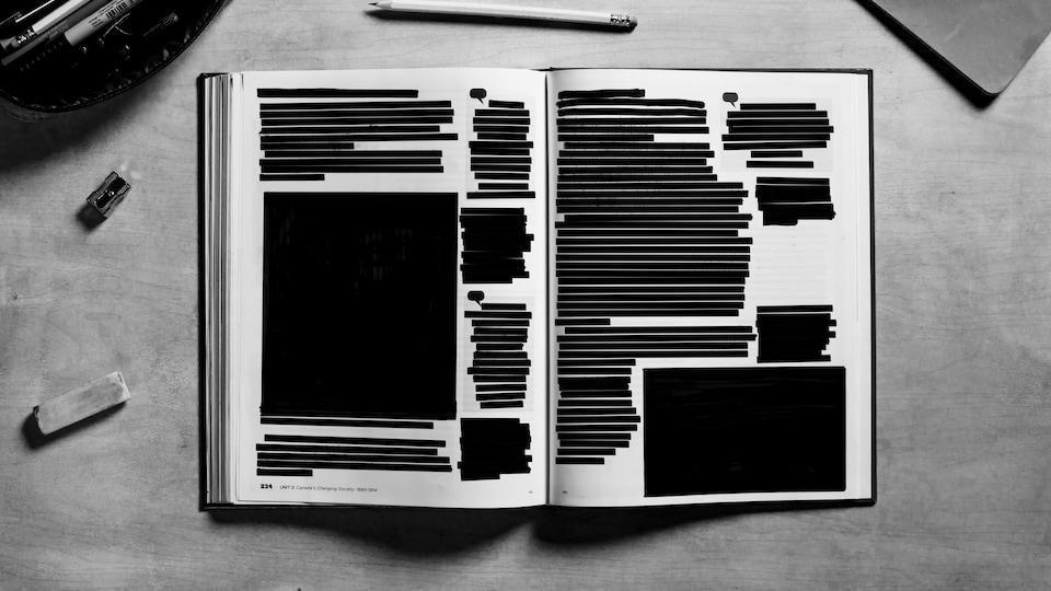 Une image en noir en blanc, montrant un livre ouvert dans lequel tout a été rayé en noir.