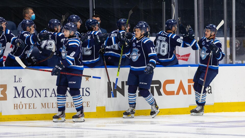 Des joueurs de hockey célèbrent au banc des joueurs.