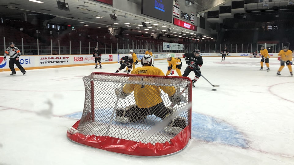 Des joueurs de hockey sonore sur la glace pendant un match