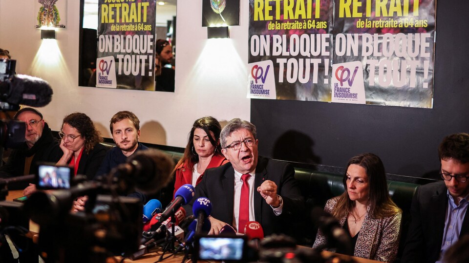 Jean-Luc Mélenchon s'exprime en conférence de presse devant des affiches qui dénoncent la réforme des retraites.