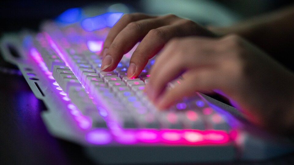 Des doigts tapent sur un clavier d'ordinateur qui est éclairé par des néons roses et mauves.