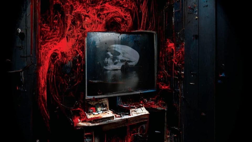 Un ordinateur avec une tête de mort, entouré de sang. 