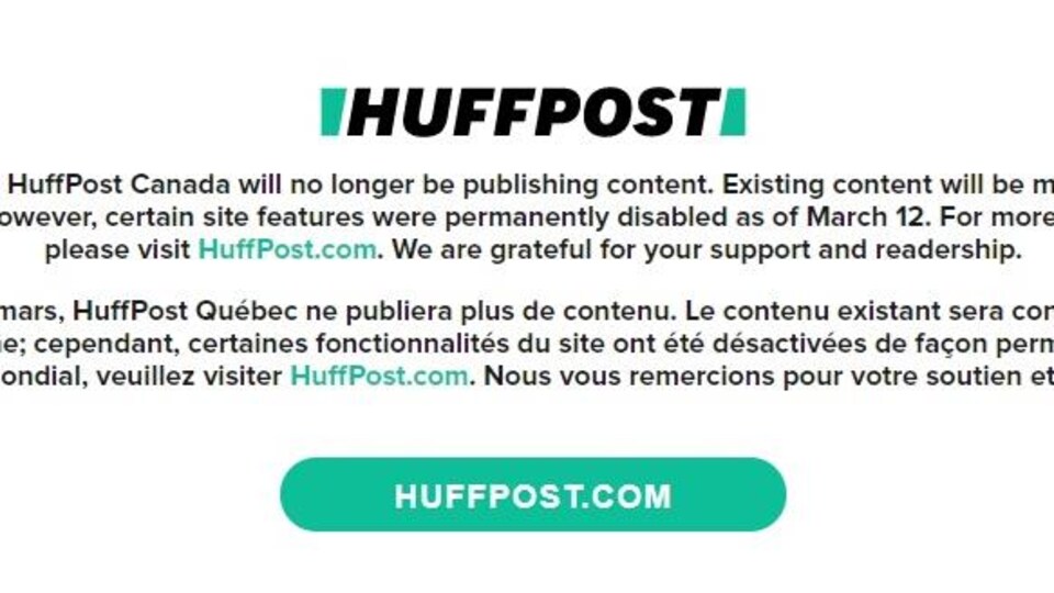 Capture d'écran du message d'accueil du site du HuffPost Québec.
