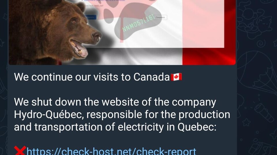 Une capture d'écran d'un compte du réseau social Telegram du groupe russe NoName057(16) revendiquant la cyberattaque contre le site d'Hydro-Québec