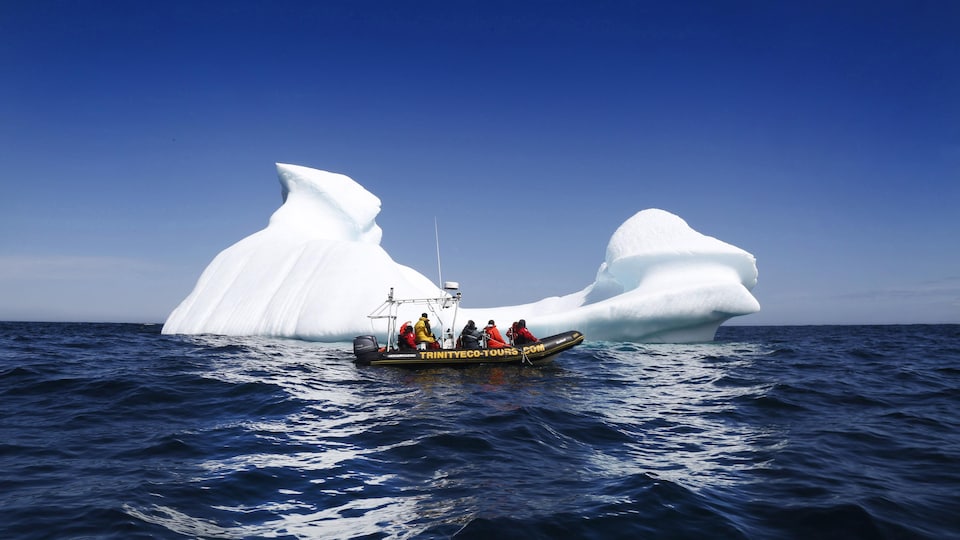 Des touristes observent un iceberg.