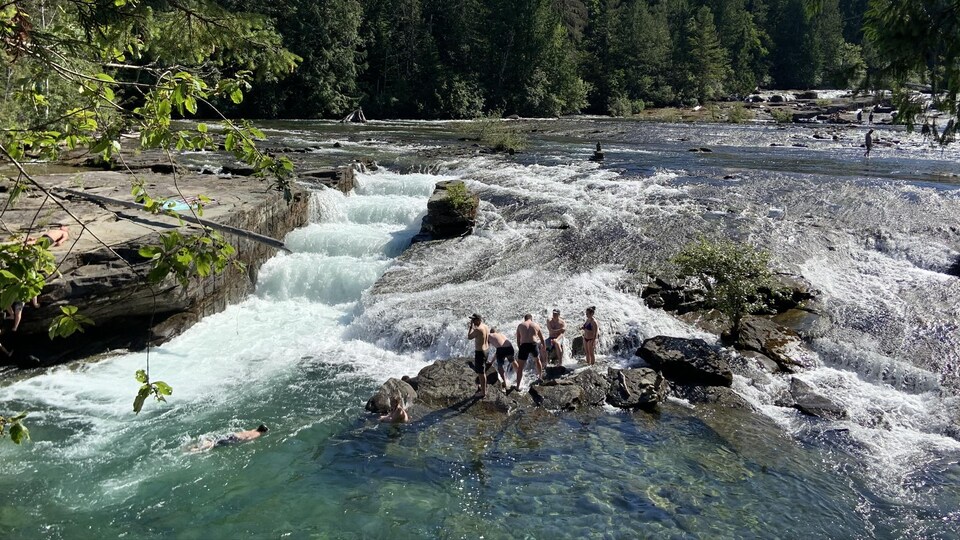 Des baigneurs se baignent dans les cascades Nymph sur l’île de Vancouver entourées de grands arbres pendant l'été.