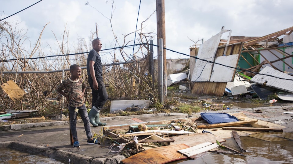 Des résidents de l'île Saint-Martin, située près de celle de Saint-Barthélemy, constatent les dégâts engendrées par Irma.