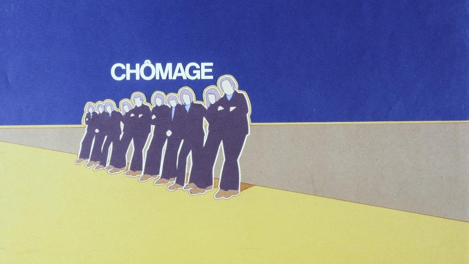 Collage du graphiste Maxime Del Campo avec des personnages les bras croisés en file le long d'un muret servant à illustrer le chômage.